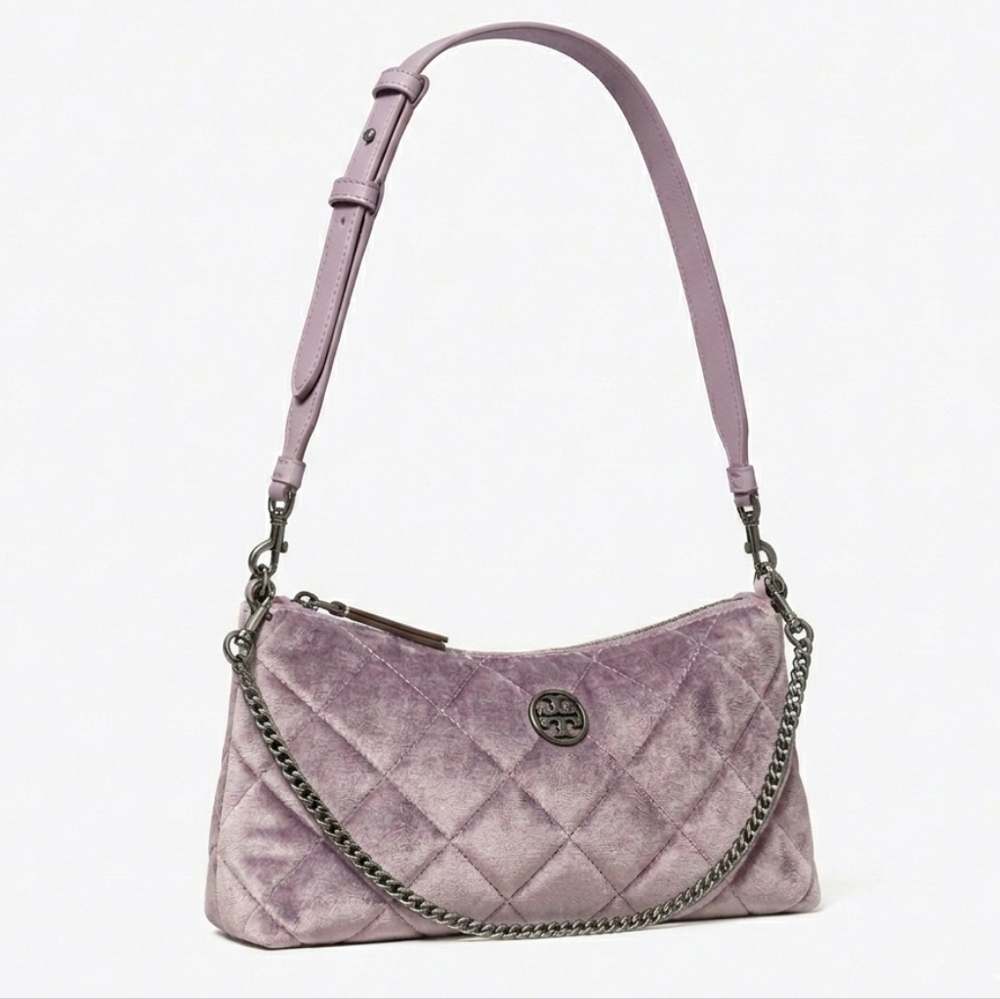 Tory Burch Willa Zip Quilted Handbag Lilac Gunmetal NWT